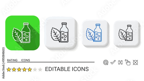 Editable Line Icons of Natural Drink Bottle and Leaf for Organic Beverages, Health Products, and Eco-Friendly Lifestyle Designs