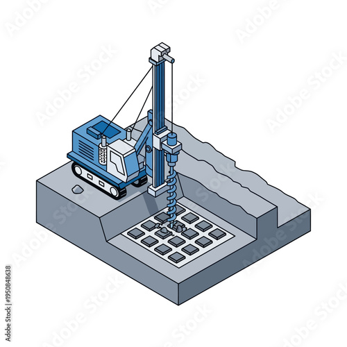 An isometric illustration shows a drilling machine excavating a grid of square holes in a concrete foundation.