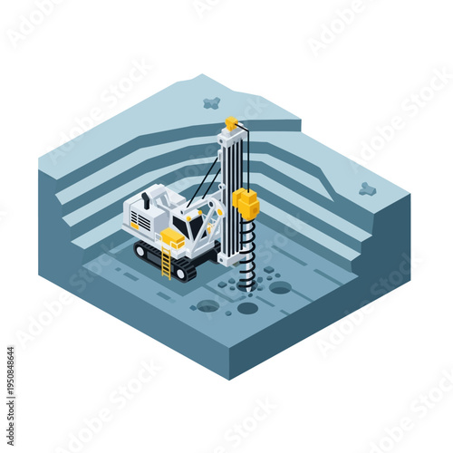 Isometric illustration of a heavy-duty drilling machine operating in an open-pit mine excavation.