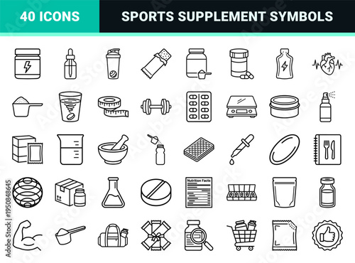 Fitness Supplement Monoline Graphics Featuring Whey Protein Jars Shaker Bottles and Nutrition Pill Outline Symbols for Sports Wellness Designs