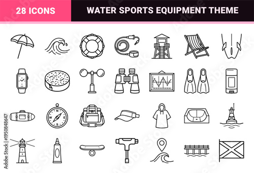 Surfing and Coastal Lifestyle Monoline Symbols featuring Minimalist Water Sports Equipment and Beach Vacation Elements in Sleek Outline Style.