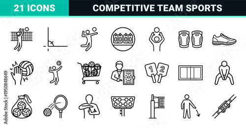 Professional Volleyball Athletics Monoline Symbols featuring Technical Line Art for Competitive Sports Training and Tournament Court Equipment