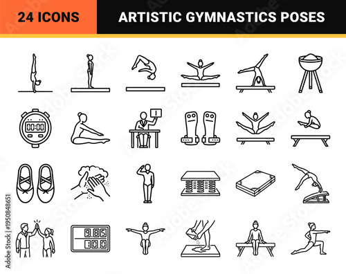 Artistic Gymnastics Balance Beam Performance Monoline Symbols. High-Clarity Minimalist Outline Athletes and Equipment for Sports Metadata.