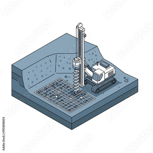 Construction site with a drilling rig creating foundation piles for a building.