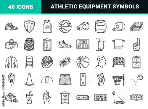 Professional Basketball Equipment Monoline Symbols Featuring Minimalist Athletic Gear and Championship Elements in a Technical Outline Aesthetic