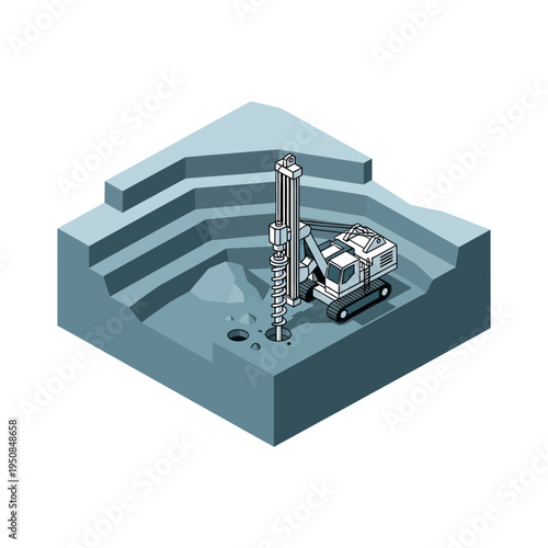 Isometric illustration of a drilling rig excavating a stepped quarry with multiple boreholes.