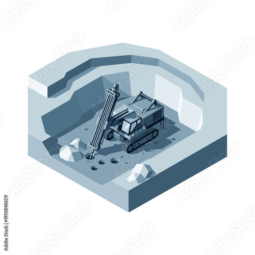 Isometric illustration of a drilling machine excavating a quarry with rocks and debris.