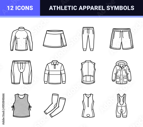 Minimalist Athletic Apparel Monoline Symbols featuring Technical Sportswear Outlines for E-commerce and Fashion Design Systems