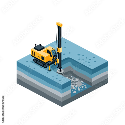 Isometric illustration of a drilling rig excavating soil layers to reveal rock and gravel deposits.