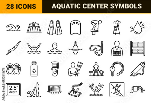 Professional Aquatic Sports and Swimming Facility Monoline Icons Featuring Competitive Strokes Lifeguard Gear and Pool Maintenance Equipment