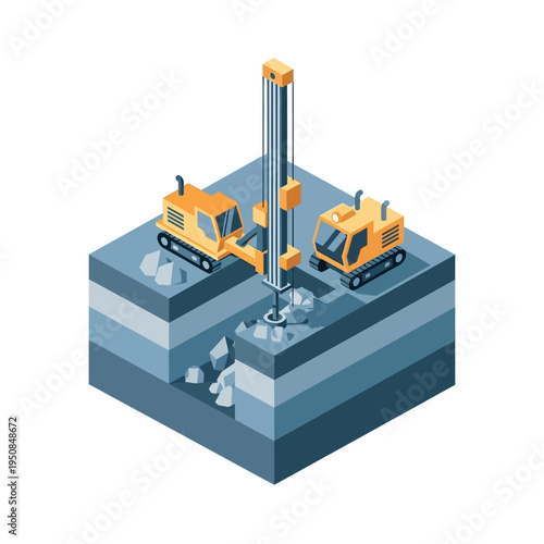 Isometric illustration of construction machinery drilling into the ground, showing layered earth and excavation.