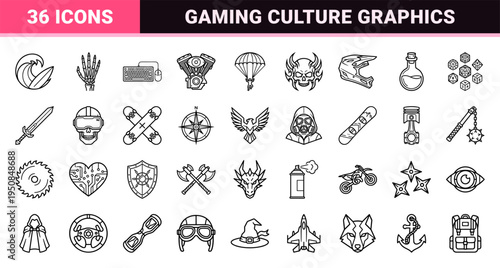 Extreme Gaming and Action Sports Symbols in Monoline Black Art Style Featuring Skulls, Gear, and Fantasy Elements for Graphic Design Projects