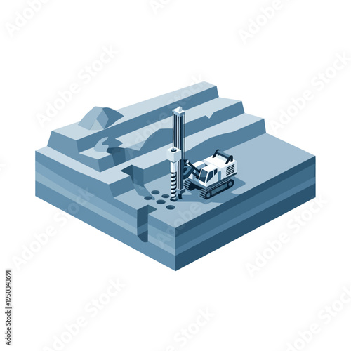 Isometric illustration of a drilling rig operating on a layered geological formation, showcasing excavation and earthmoving processes.