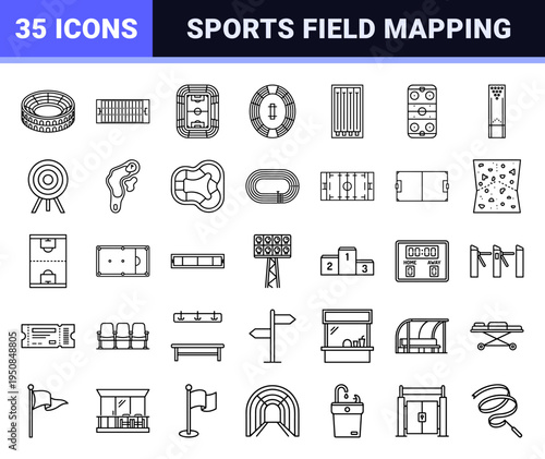 Professional Sports Stadium Architecture and Field Layout Technical Line Icons for Architectural Planning and Athletic Facility Mapping