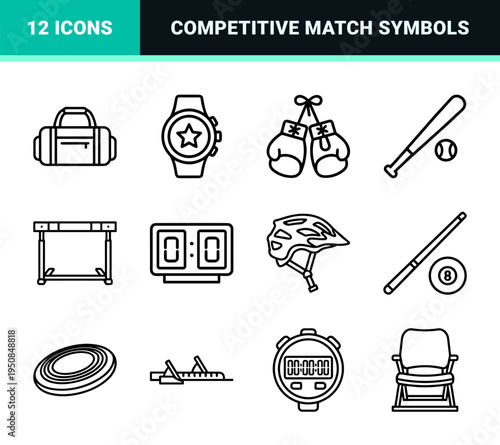 Athletic Competition and Training Monoline Symbols Featuring Minimalist Equipment Outline Graphics for Sports Apps and Tournament Signage