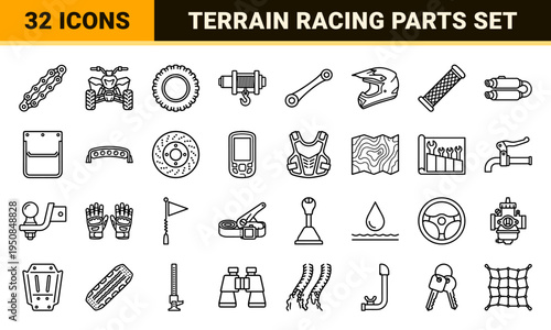 All-Terrain Vehicle and Off-Road Powersports Technical Monoline Symbols for Outdoor Adventure Equipment and Maintenance Guides.