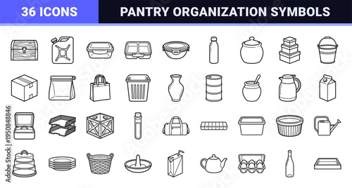 Minimalist Monoline Organization Symbols Featuring Storage Containers Pantry Jars and Domestic Vessels in a Sophisticated Outline Aesthetic