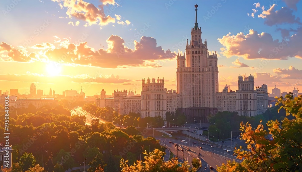Fototapeta premium A large building stands tall amidst trees and cityscape at sunrise
