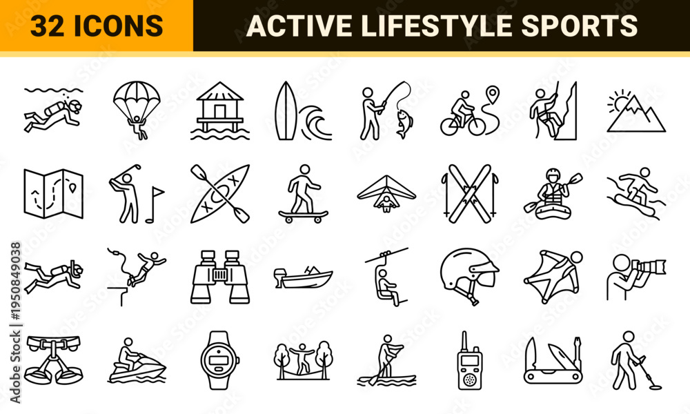 Naklejka premium Outdoor Recreational Activities and Adventure Sports Monoline Symbols for Travel Apps and Active Lifestyle Branding Projects