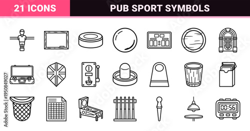 Pub Games and Competitive Bar Sports Neo-Line Art Symbols Featuring Darts Billiards and Tabletop Gaming Equipment for Commercial UI Design