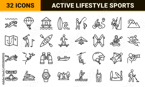 Outdoor Recreational Activities and Adventure Sports Monoline Symbols for Travel Apps and Active Lifestyle Branding Projects
