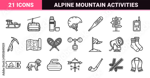 Skiing and Winter Sports Monoline Outline Symbols for Mountain Resort Navigation and Extreme Activity Apps in a Neo-line Minimalist Aesthetic.