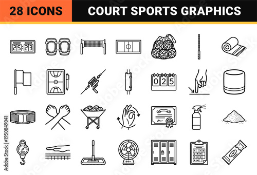 Technical Monoline Volleyball Equipment and Tournament Symbols for Professional Court Coaching and Athletic Training Materials