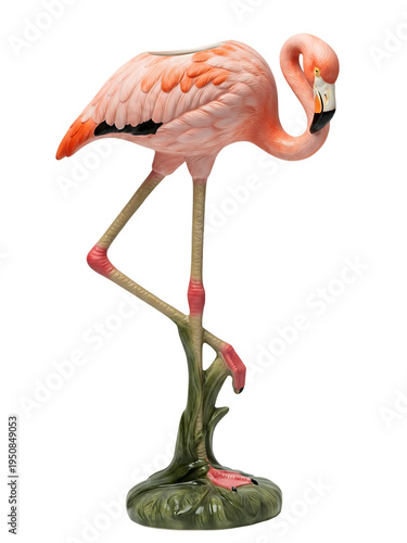 Elegant flamingo statue on one leg with detailed pink and beige feathers