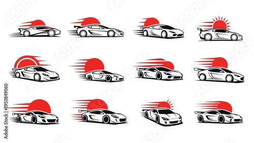 Set of stylish sports car illustrations with dynamic motion lines and sun icon