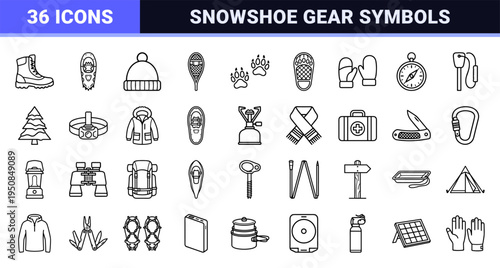 Outdoor Winter Trekking Gear Monoline Symbols featuring Snowshoes and Expedition Equipment in Technical Black Outline Aesthetic.