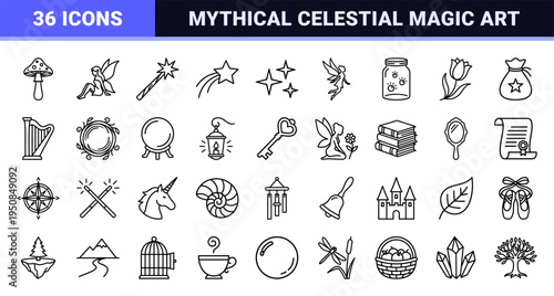 Mythical Fairy Magic and Celestial Symbols Monoline Icons Featuring Enchanted Creatures Starry Elements and Whimsical Fantasy Silhouettes