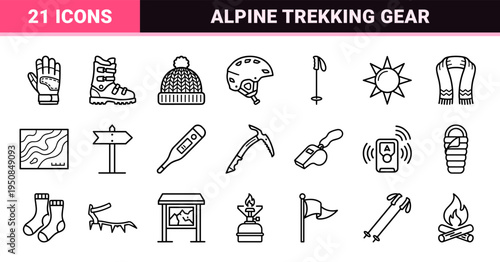Minimalist Winter Sports Monoline Graphics featuring Alpine Skiing Gear and Mountain Trekking Equipment in a Clean Technical Outline Aesthetic.