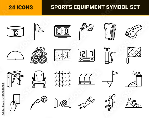 Soccer Goal and Field Equipment Monoline Symbols for Sports Statistics and Coaching Apps featuring Minimalist Black Outlines and Grid Layout