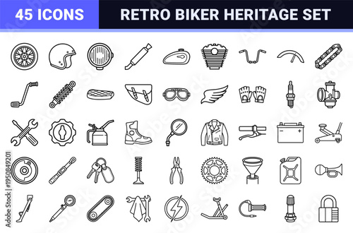 Vintage Motorcycle and Custom Garage Culture Monoline Icons featuring Classic Bikes, Mechanical Parts, and Retro Biker Equipment Technical Line Art.