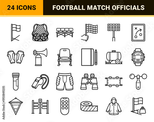 Professional Football Officiating Monoline Elements Featuring Referee Cards, Match Balls, and Lineman Flags in Sophisticated Minimalist Style