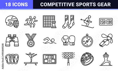 Professional Athletic Competition Line Art Symbols Featuring Minimalist Monoline Sports Equipment and Olympic Activity Outlines for Digital UI