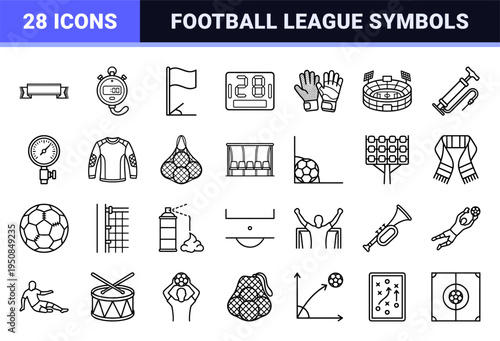 Soccer Equipment and Football League Symbols featuring Technical Monoline Outlines for Sports Coaching and Athletic Branding Design Projects