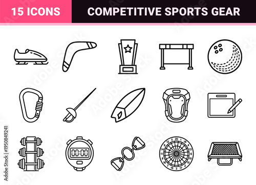 Professional Athletic Equipment Monoline Outlines for Competitive Sports and Fitness Tracking Interface Design with Clean Vector Geometry