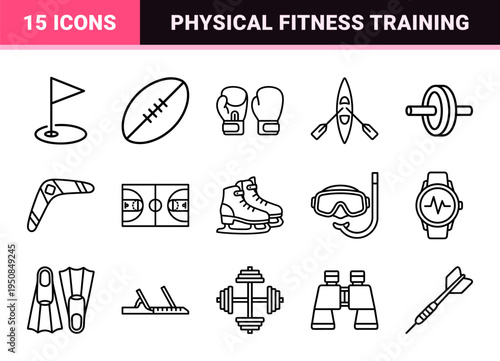 Professional Athletics Equipment Monoline Symbols for Sports Interface Design featuring Minimalist Outlined Fitness and Ball Game Graphics