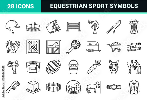 Equestrian Sports and Horseback Riding Monoline Outline Symbols Featuring Saddlery Grooming Equipment and Competitive Show Jumping Elements