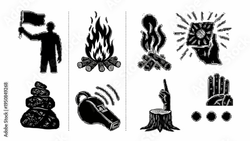 Diverse Monochrome Symbolic Icons Representing Concepts of Human Action, Natural Elements, Guidance, and Abstract Ideas