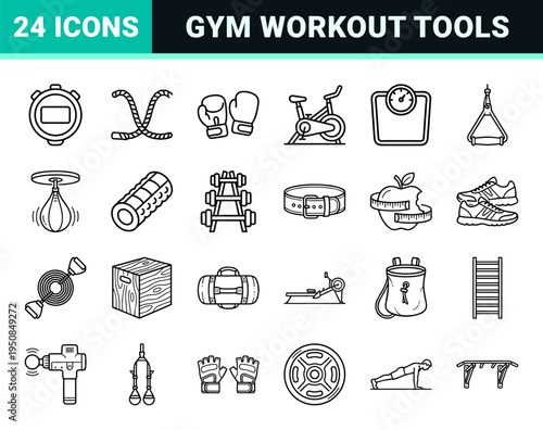 Gym and Fitness Equipment Monoline Outline Symbols Featuring Minimalist Athletic Gear and Workout Tools in a Technical Neo-Line Aesthetic