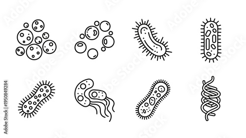 Collection of various stylized illustrations of microorganisms and bacteria
