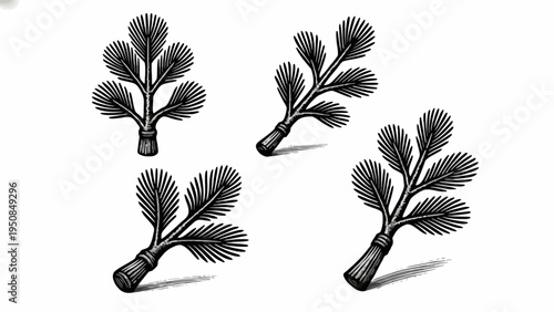 Artistic set of four vintage engraved botanical sprigs, featuring stylized monochrome leaves and branches, evoking a classic woodcut illustration style