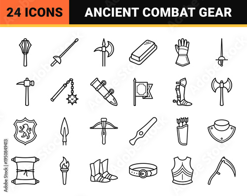 Historical Fencing and Medieval Weaponry Monoline Symbols Featuring Curated Sabers Shields and Armor in Sophisticated Minimalist Style