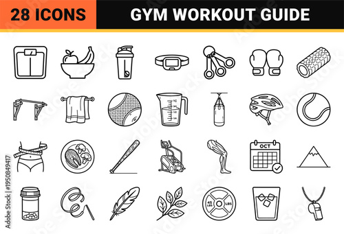 Fitness and Wellness Monoline Vector Symbols for Commercial Health Apps, Gym Signage, and Minimalist Workout Tracking Interfaces.
