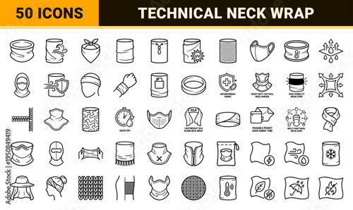 Technical Outdoor Apparel Neck Gaiter Monoline Icon Set featuring Performance Headwear Symbols and Winter Accessory Vector Graphics