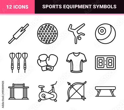 Athletic Competition and Physical Fitness Monoline Symbols Featuring Minimalist Sports Ball and Equipment Outline Graphics for Digital Interfaces