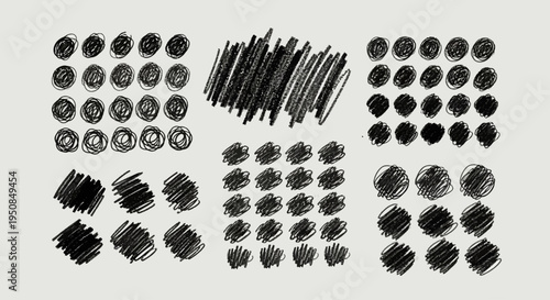 Diverse collection of hand-drawn scribble textures and abstract scratch patterns, perfect for adding an authentic artistic grunge element to design projects