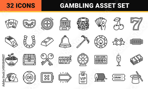 Monoline Casino Gambling Symbols and Slot Machine Mechanics featuring High-Clarity Outline Aesthetic for Digital Gaming Interfaces
